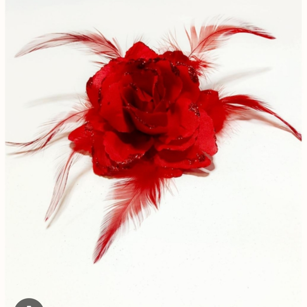 Red Rose Brooch with Feather Accents